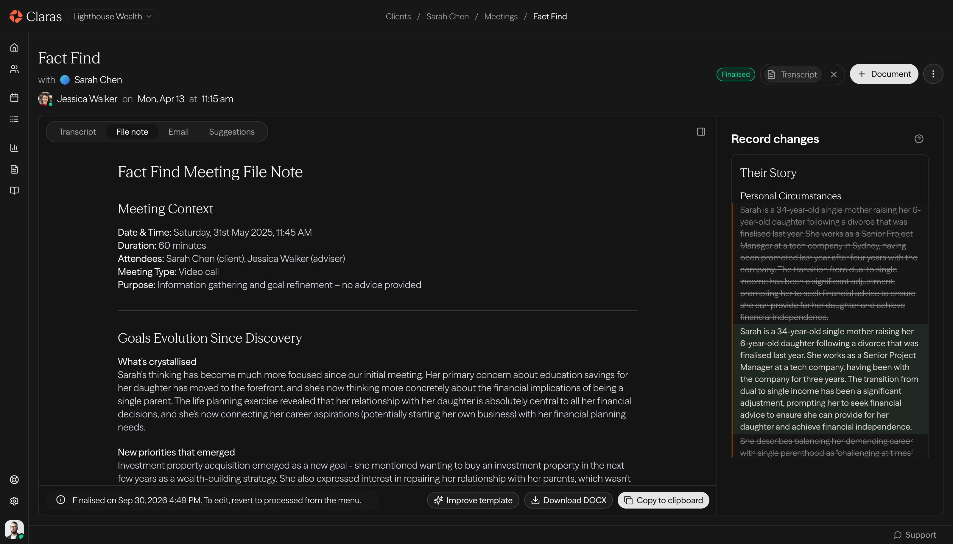 Claras AI file note view showing a structured meeting summary